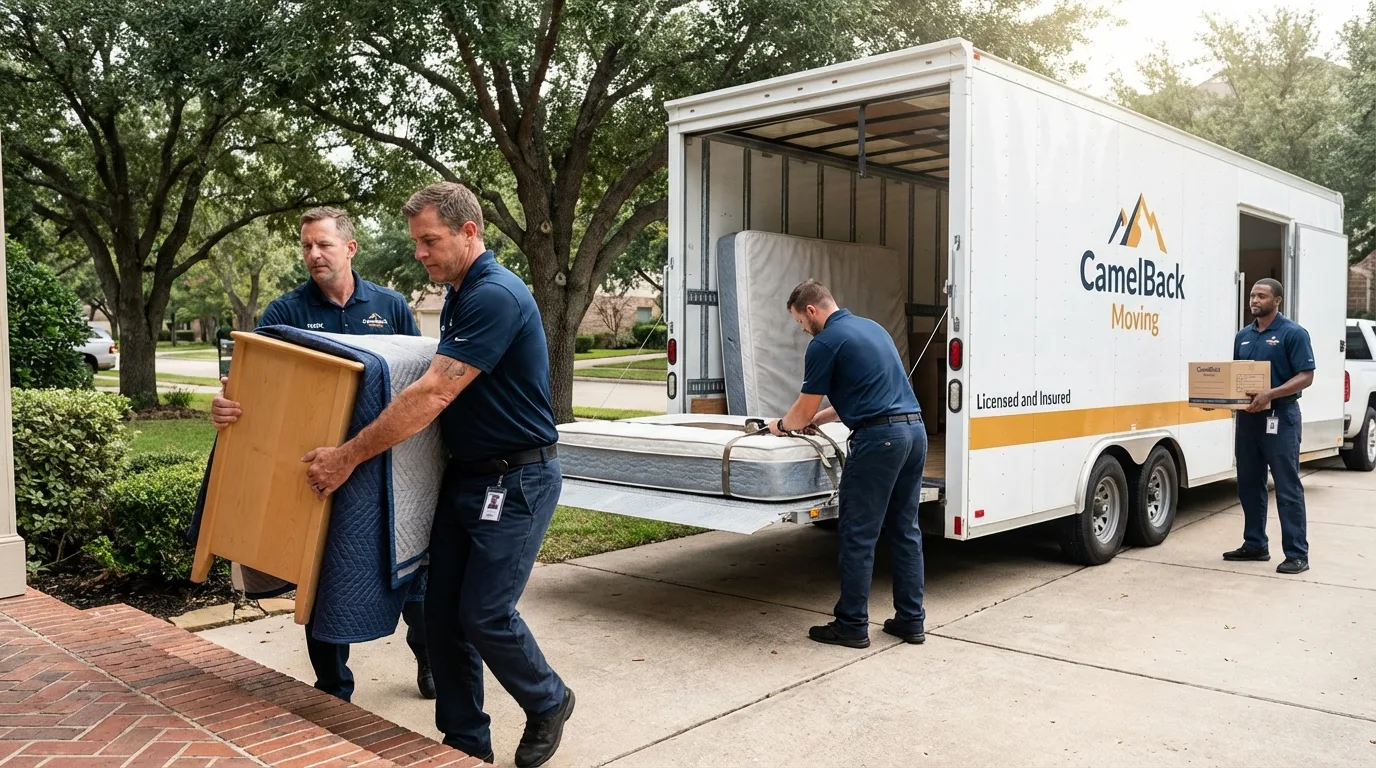 Crew loading residential truck for cross-state move from Springville, NY