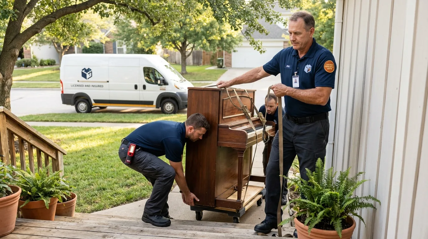 Licensed piano movers securing grand piano in Springville, NY