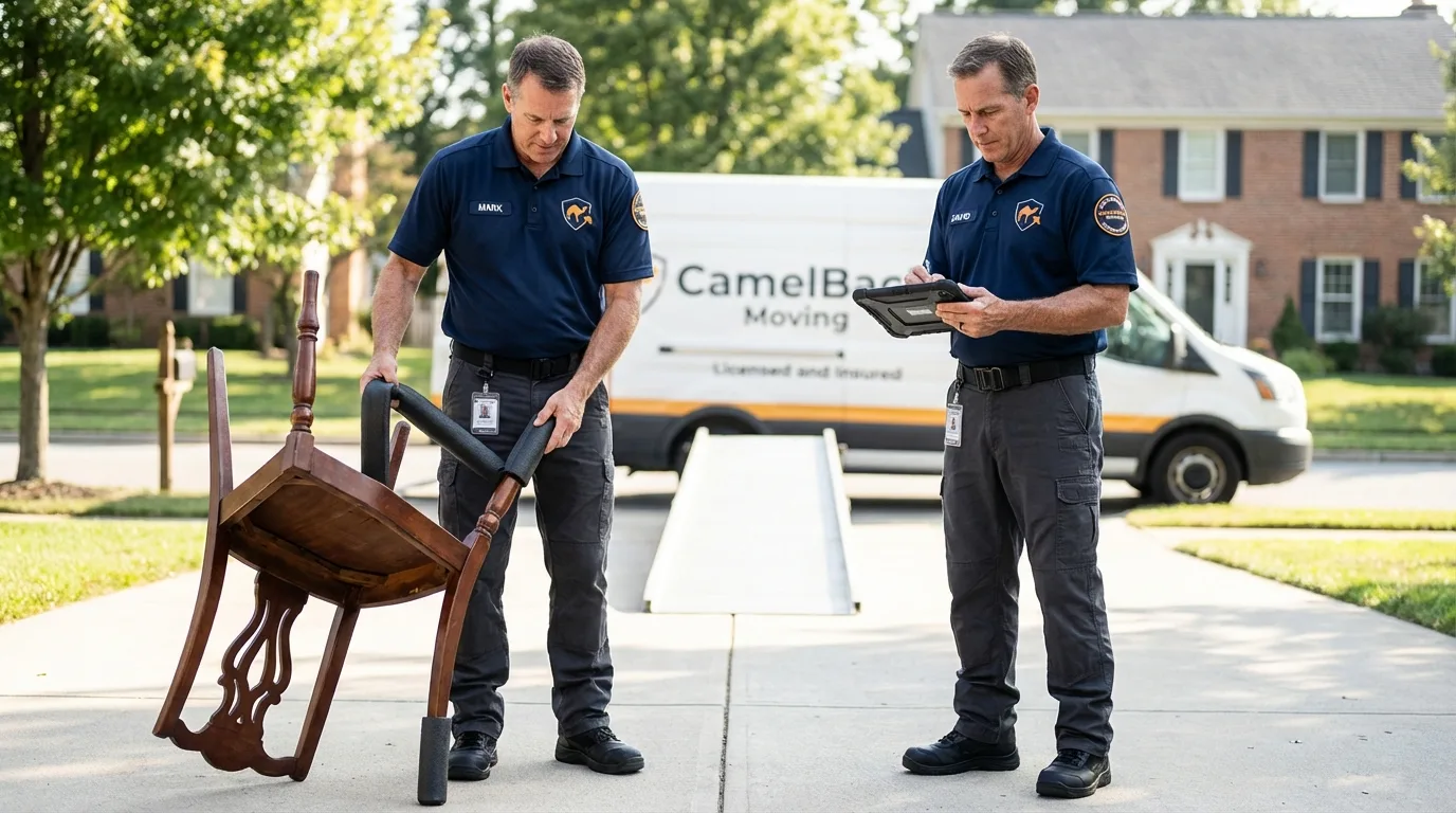 Movers inspecting furniture for damage prevention before loading in Springville, NY