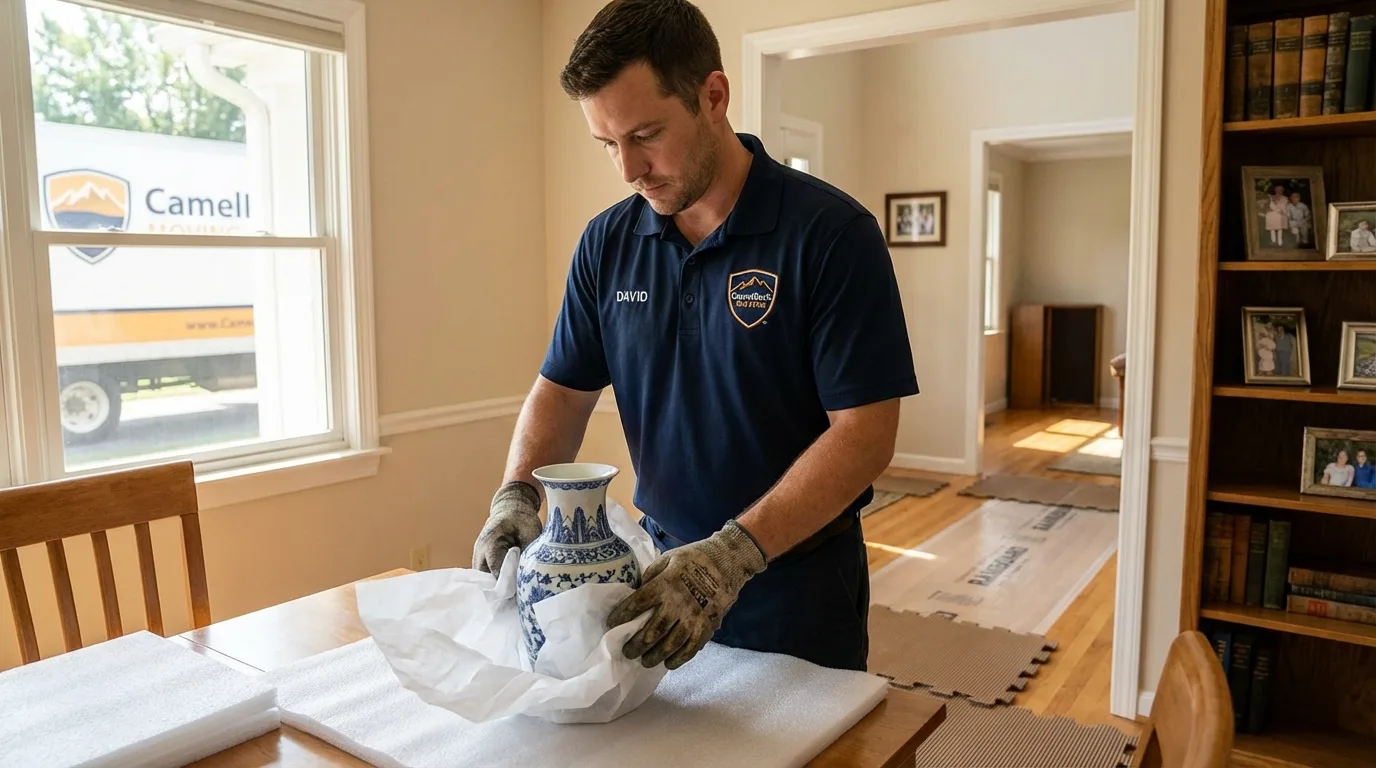 Professional crew carefully wrapping antique vase for senior downsizing move in Springville, NY